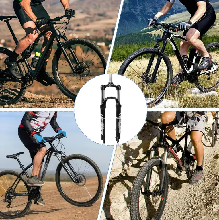 Riders on mountain bikes on trails, gravel and grass, with a black ZTZ air suspension fork in the centre