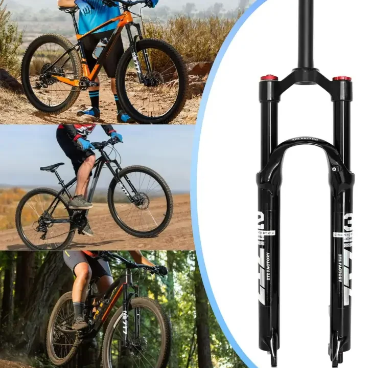 Collage of riders on mountain trails beside a black ZTZ air suspension fork