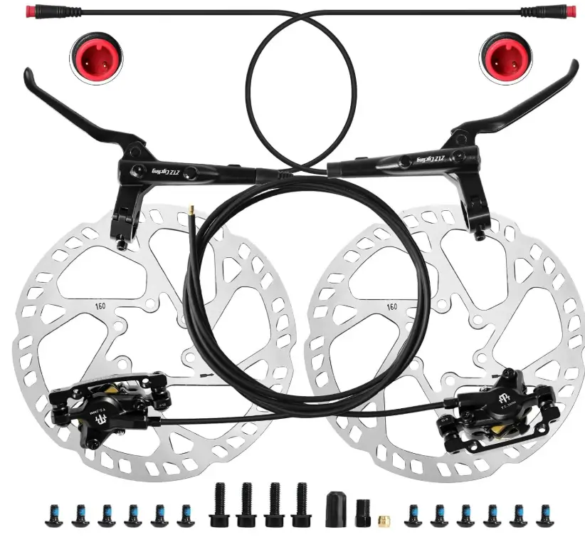 eBike Hydraulic Brake Set with 160mm Rotors,2-Piston 2-PIN Power-Off Hydraulic Disc Brake for E-Bike,Left Front 950mm Right Rear 1880mm Electric Bike Hydraulic Brakes